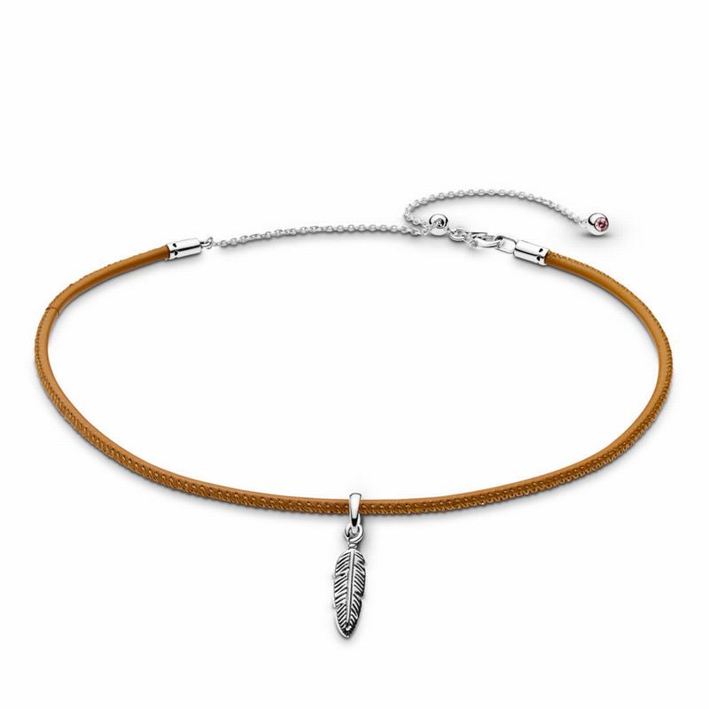 Pandora Golden Tan Leather Choker & Feather Sale NZ, Sterling Silver (573462-UBV)